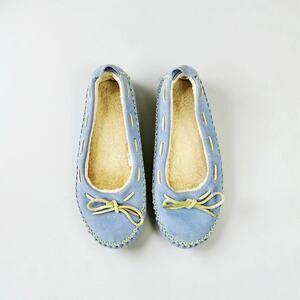 L.L. Bean Sky Blue Leather Sherpa Lined Moccasin Slippers - 8
